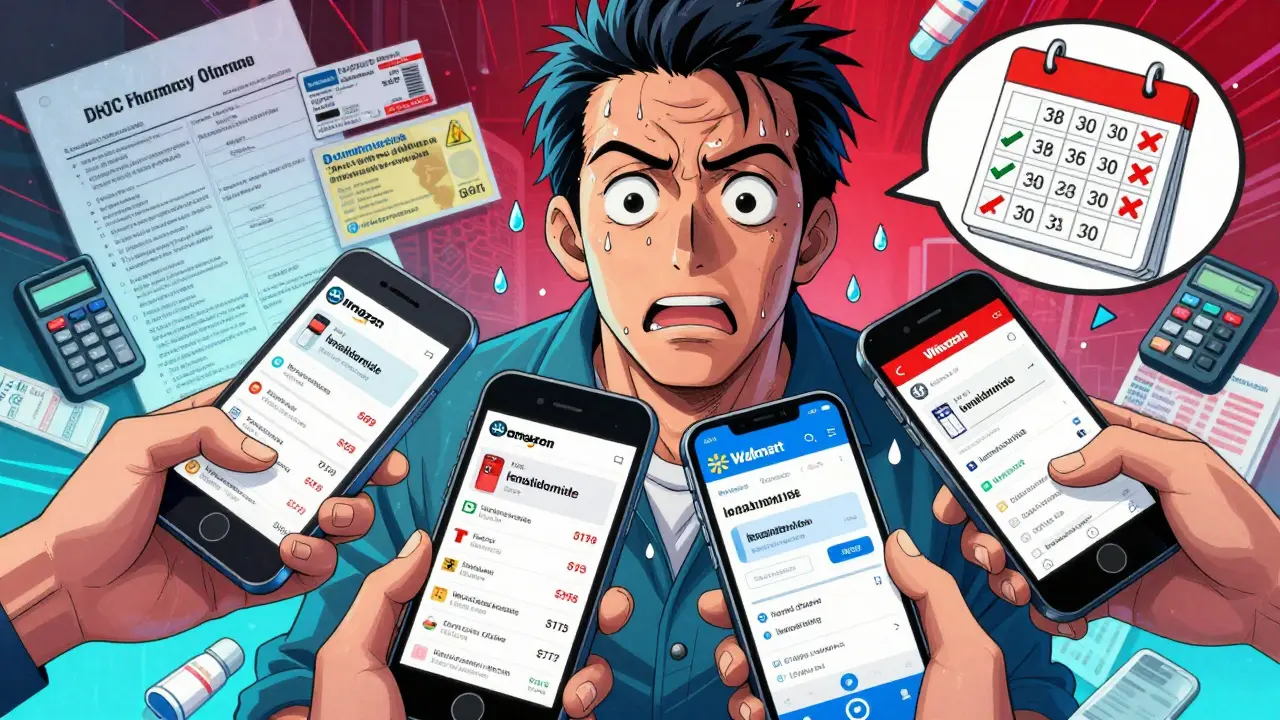 Hands switching between four smartphone screens showing different drug prices, with stress and floating calendar icons.