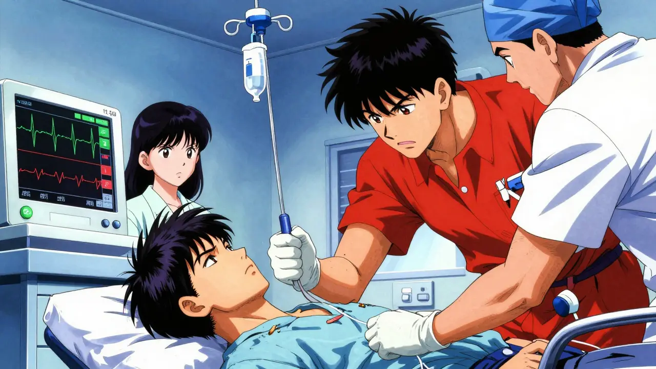 Medical team administering IV calcium gluconate with ECG showing peaked T-waves