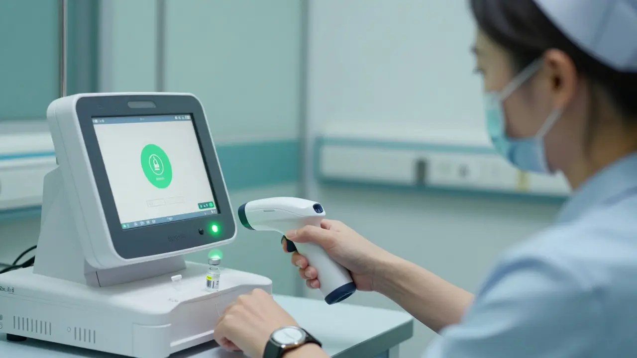 Nurse scanning patient wristband and medication vial with barcode scanner, green confirmation light