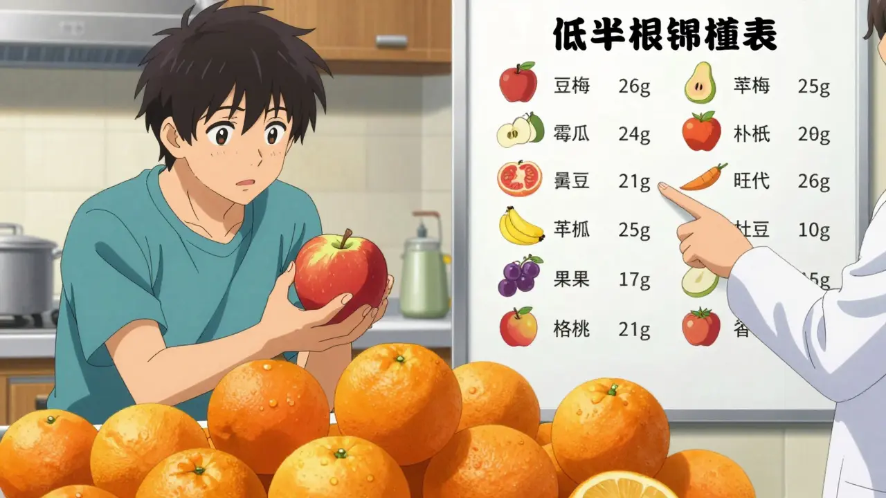 Patient choosing apples over oranges with renal dietitian advising on low-potassium foods