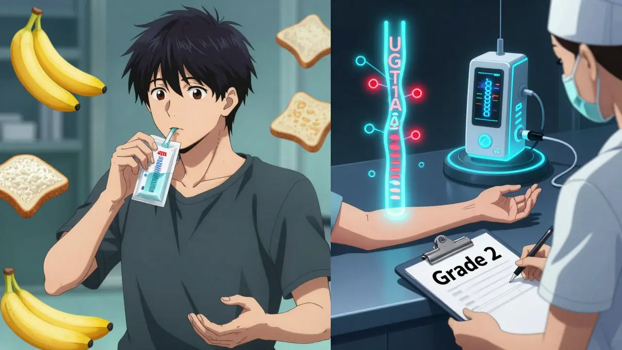 Patient drinking oral rehydration solution while a genetic test glows nearby, showing personalized medical care in anime style.