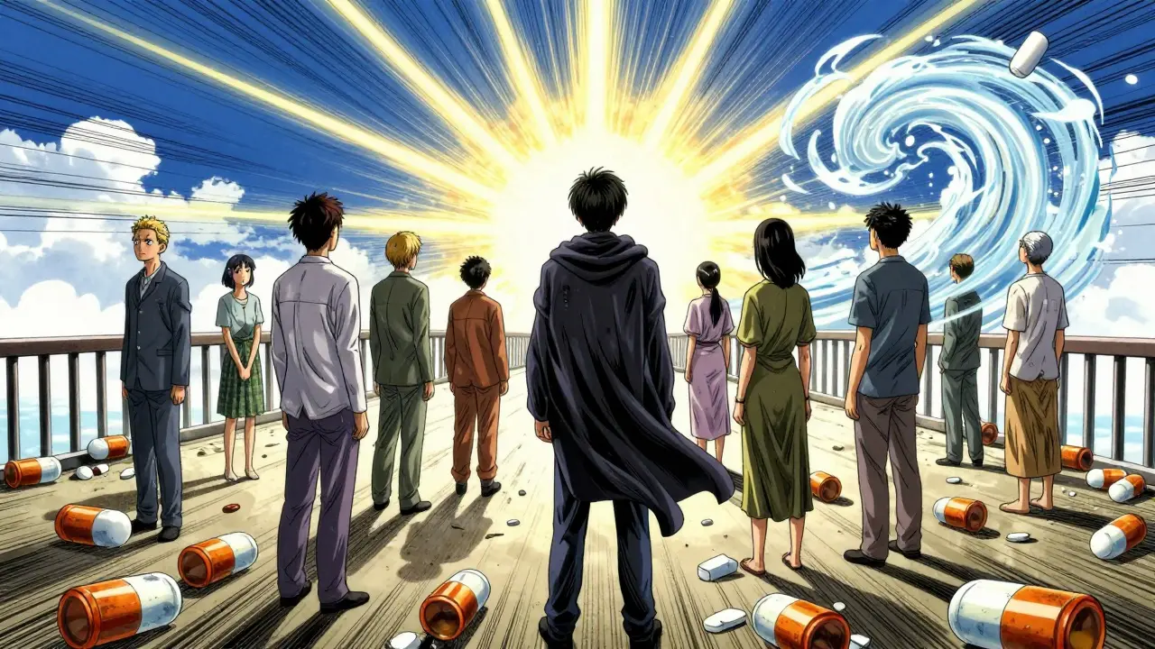 Patients walk toward a bright horizon, leaving behind broken steroid pill bottles.