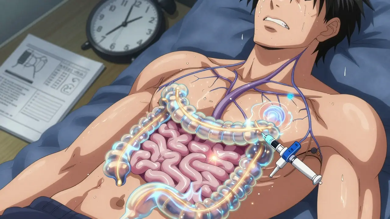 Someone giving themselves an octreotide injection on the thigh, with glowing intestinal energy patterns in anime style.