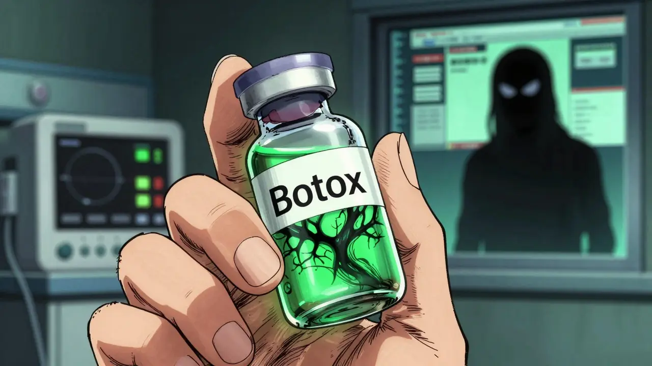 A hand holds a glowing fake Botox vial with toxic veins inside, as a hospital monitor beeps in the background.