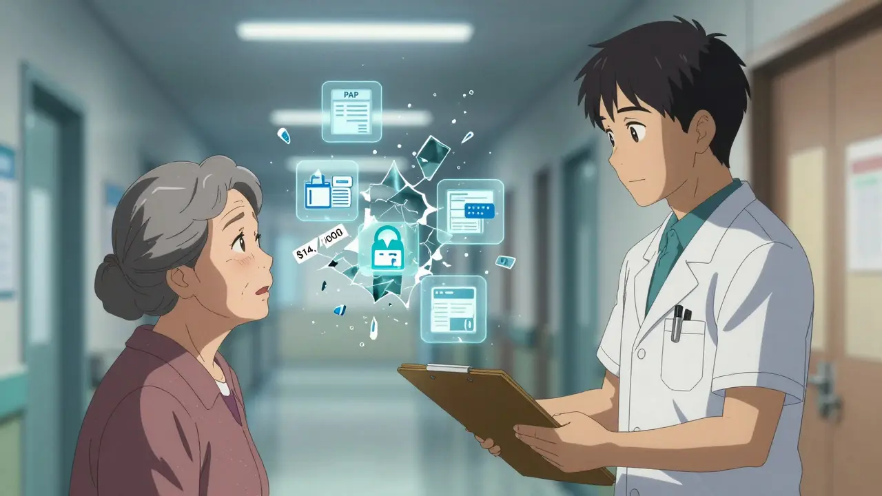 A hospital worker handing documents to an elderly woman, with floating icons of drug costs and insurance barriers.