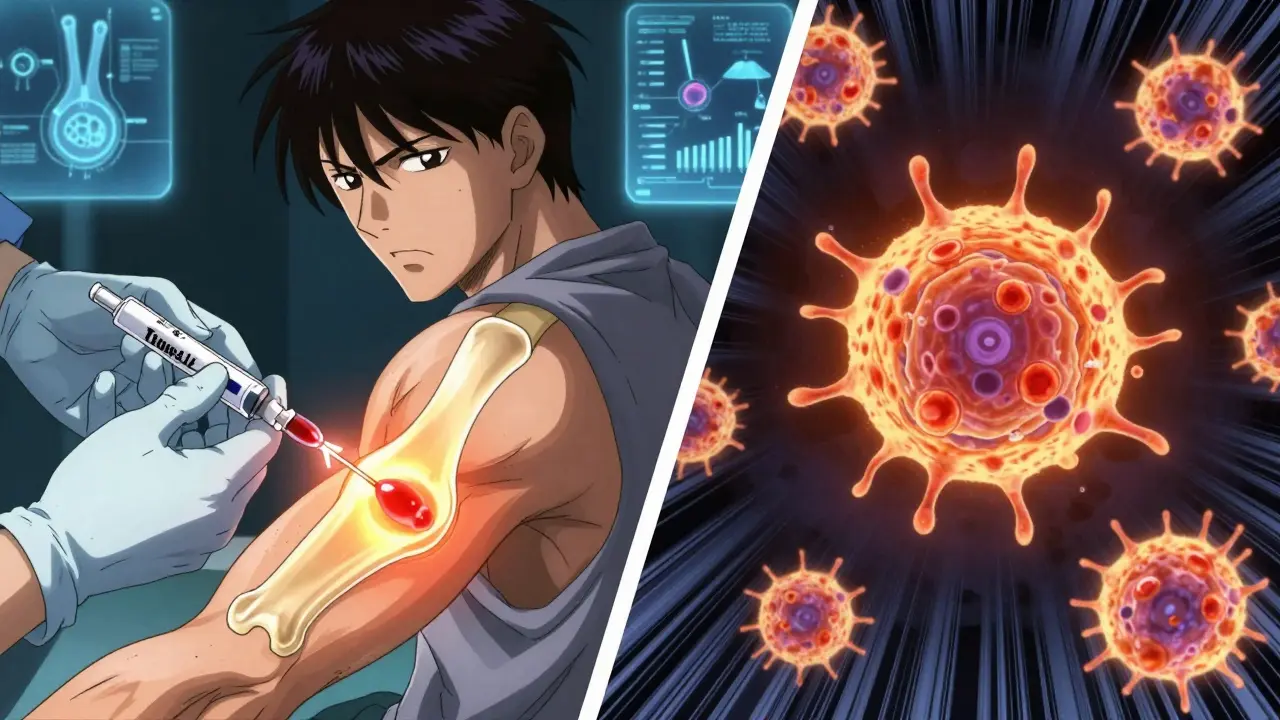 A patient receiving a biologic injection as glowing molecules target inflamed joint tissue, with cellular action illustrated.