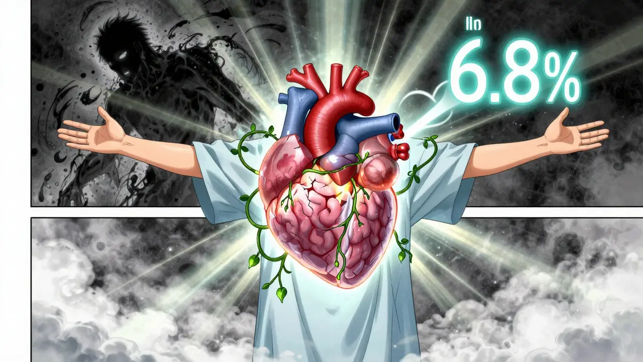 A person healing as glowing organs are repaired by energy vines, while the shadow of unmanaged diabetes fades away.