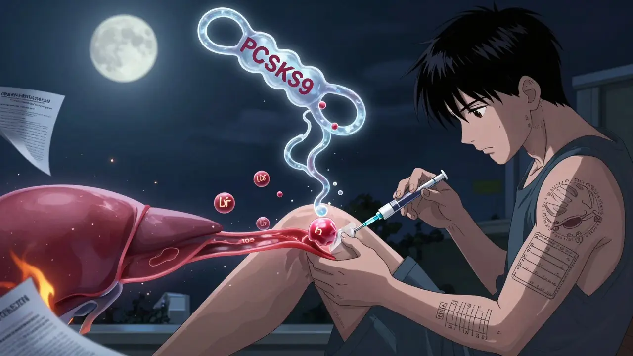 A person injecting a PCSK9 inhibitor at night, with LDL particles falling into the liver like stars.