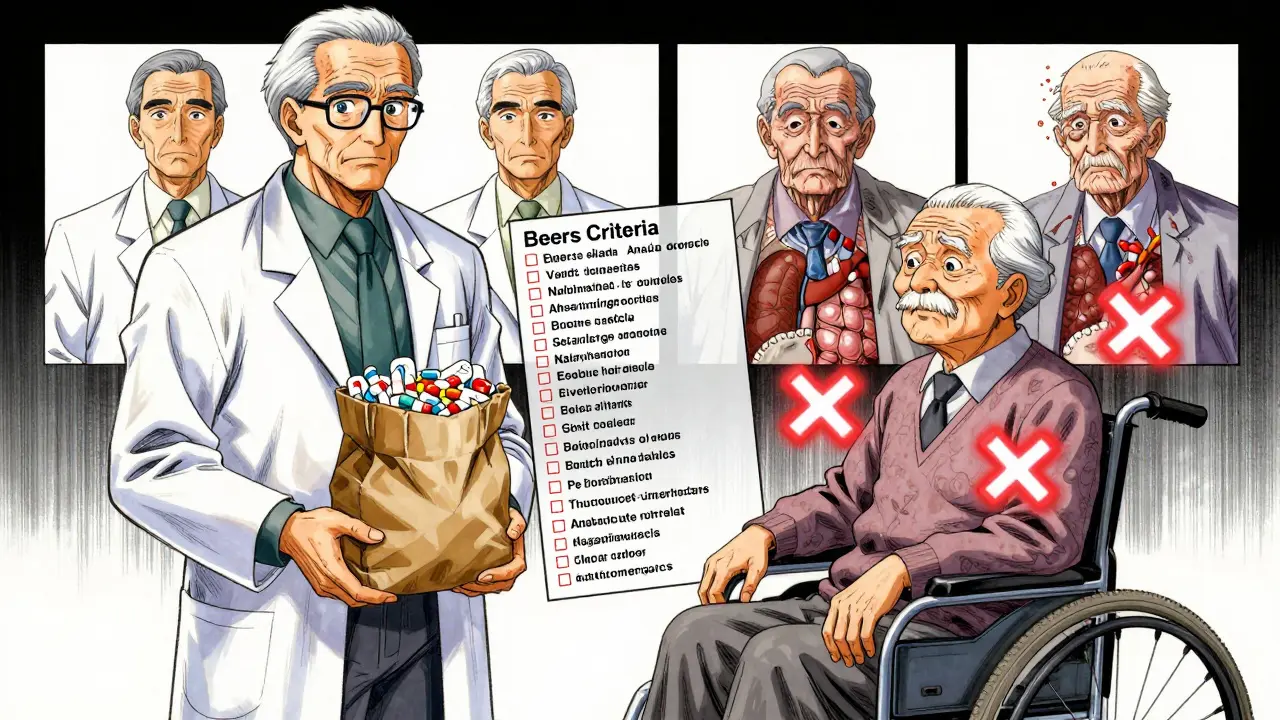 A pharmacist and senior citizen review medications in a brown bag, with red Xs over dangerous drugs and the Beers Criteria floating above them.