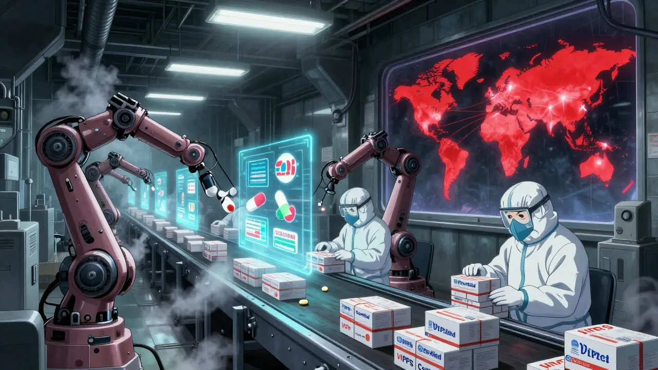A robotic factory assembles counterfeit pills under holographic logos, with global distribution routes glowing red on a map.