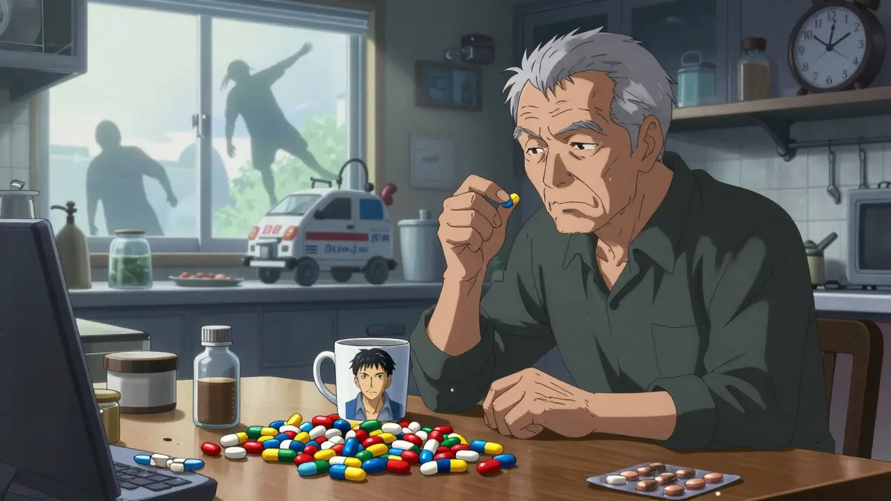 An older man stares at a pile of pills at dawn, his reflection showing a younger self, with ghostly images of falls and ER gurneys in the background.