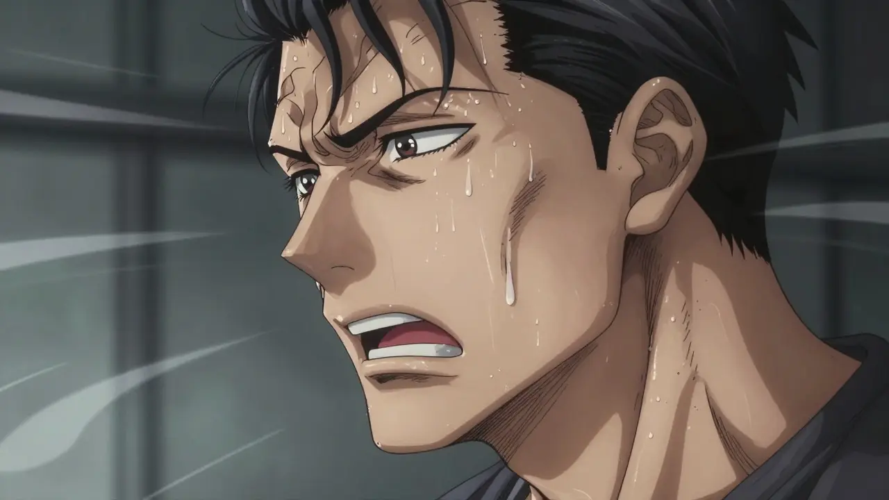 Close-up of person showing sweat and muscle tension during a panic attack.