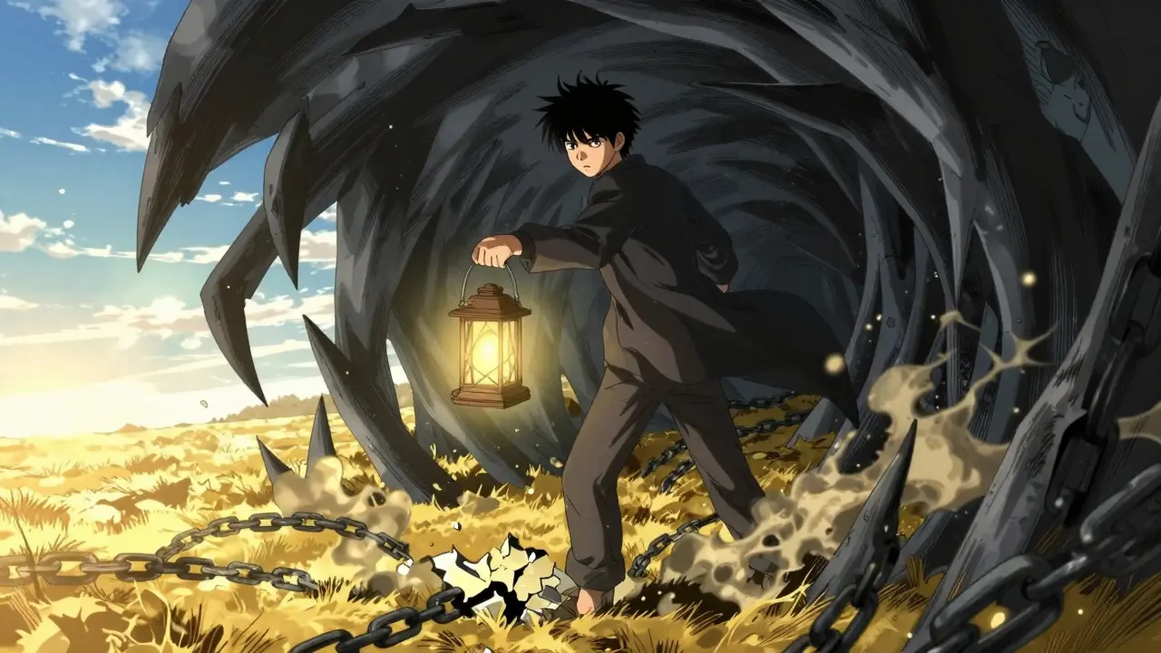 Figure emerging from shadows into sunlight holding lantern, broken chains on ground.