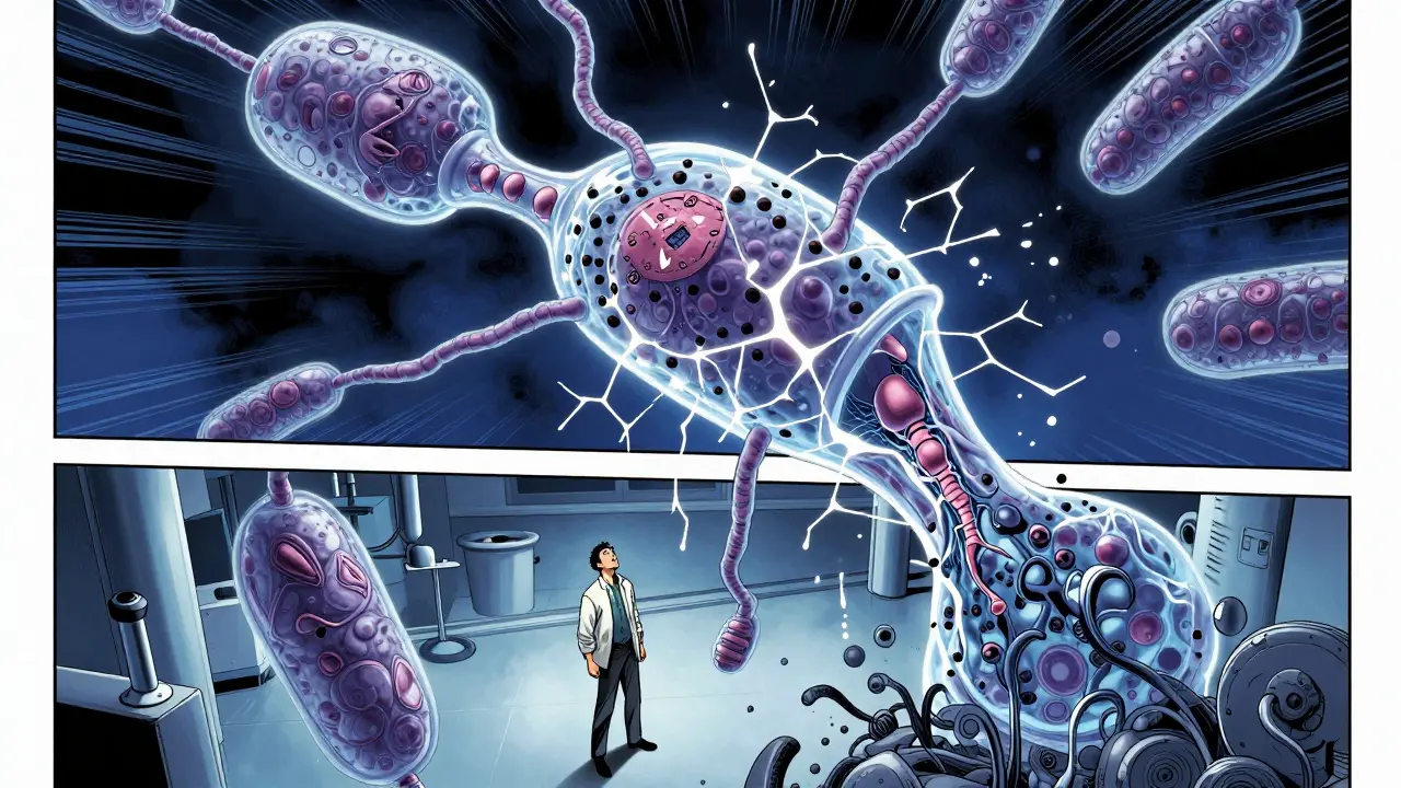 Giant cracked antibody structure towering over a lab scientist in dark tones.