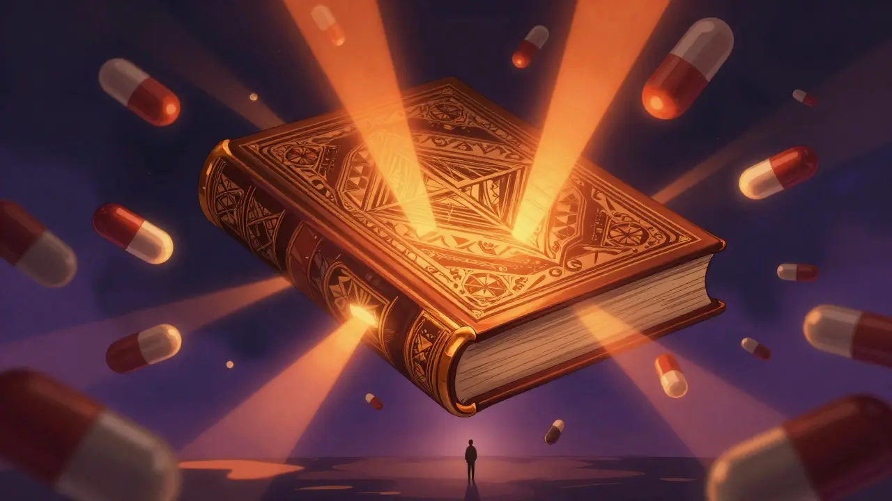 Giant orange book floats above medical capsules.