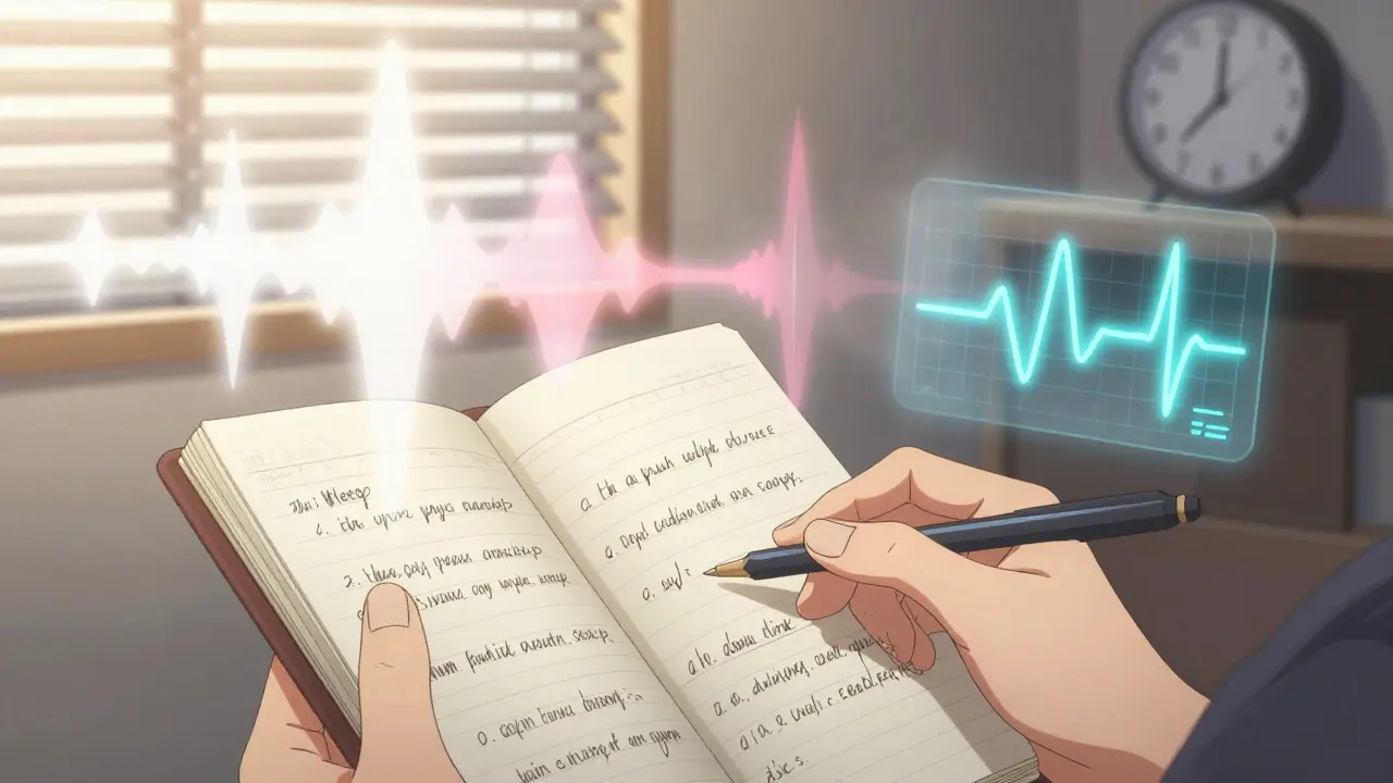 Hand holding a sleep journal as sound waves fade into calm fog, with a subtle EEG interface glowing in the background at dawn.