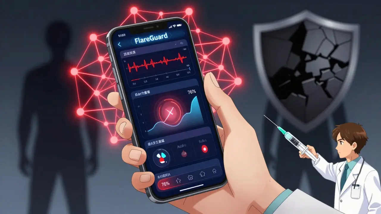 Hand holding phone showing AI flare prediction, with medical intervention looming in the background.