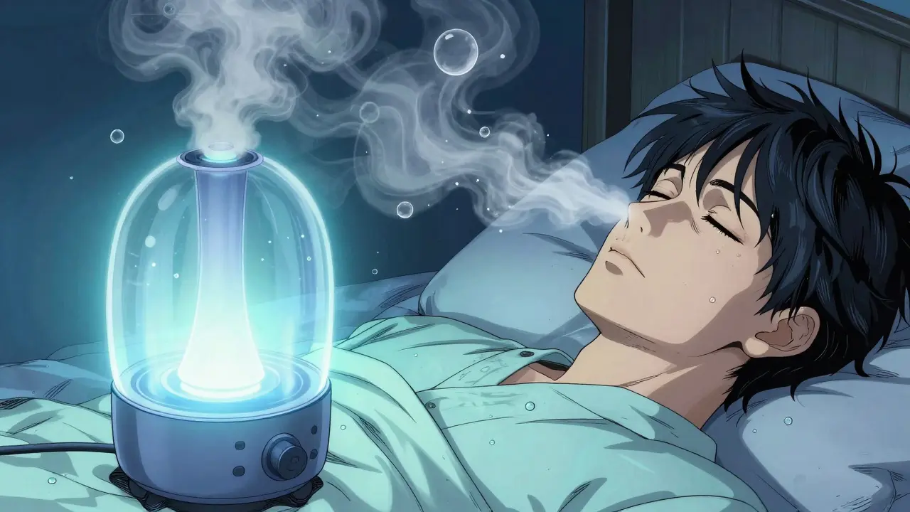 Humidifier releasing mist near sleeping person