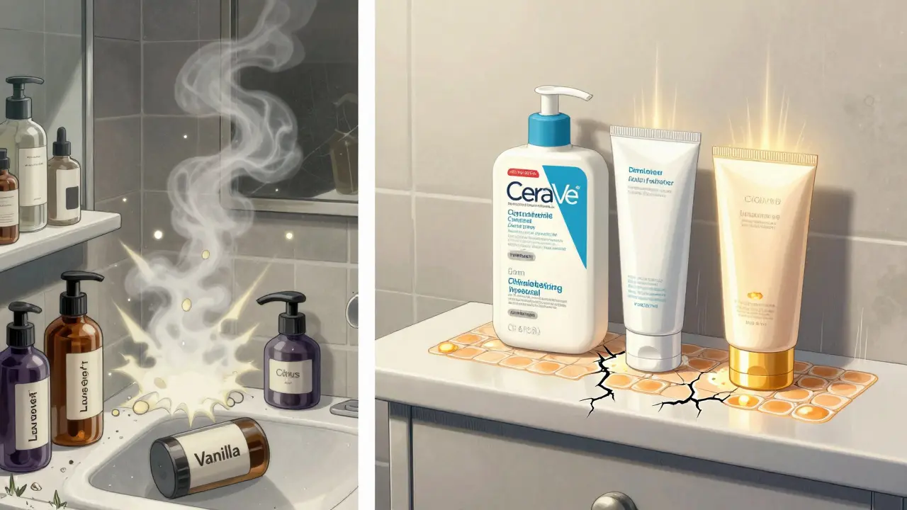 Minimalist skincare routine with ceramides and sunscreen glowing softly, replacing chaotic scented products.