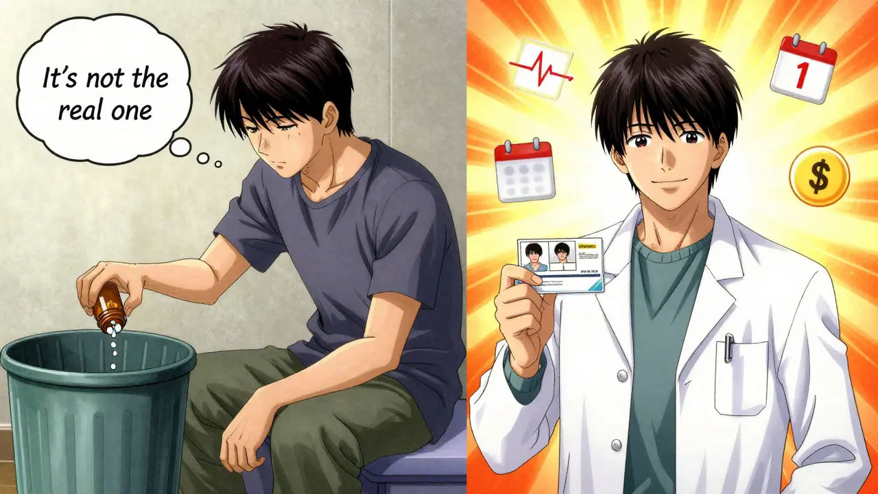 Patient transitions from discarding medication to accepting generics after pharmacist’s clear explanation.