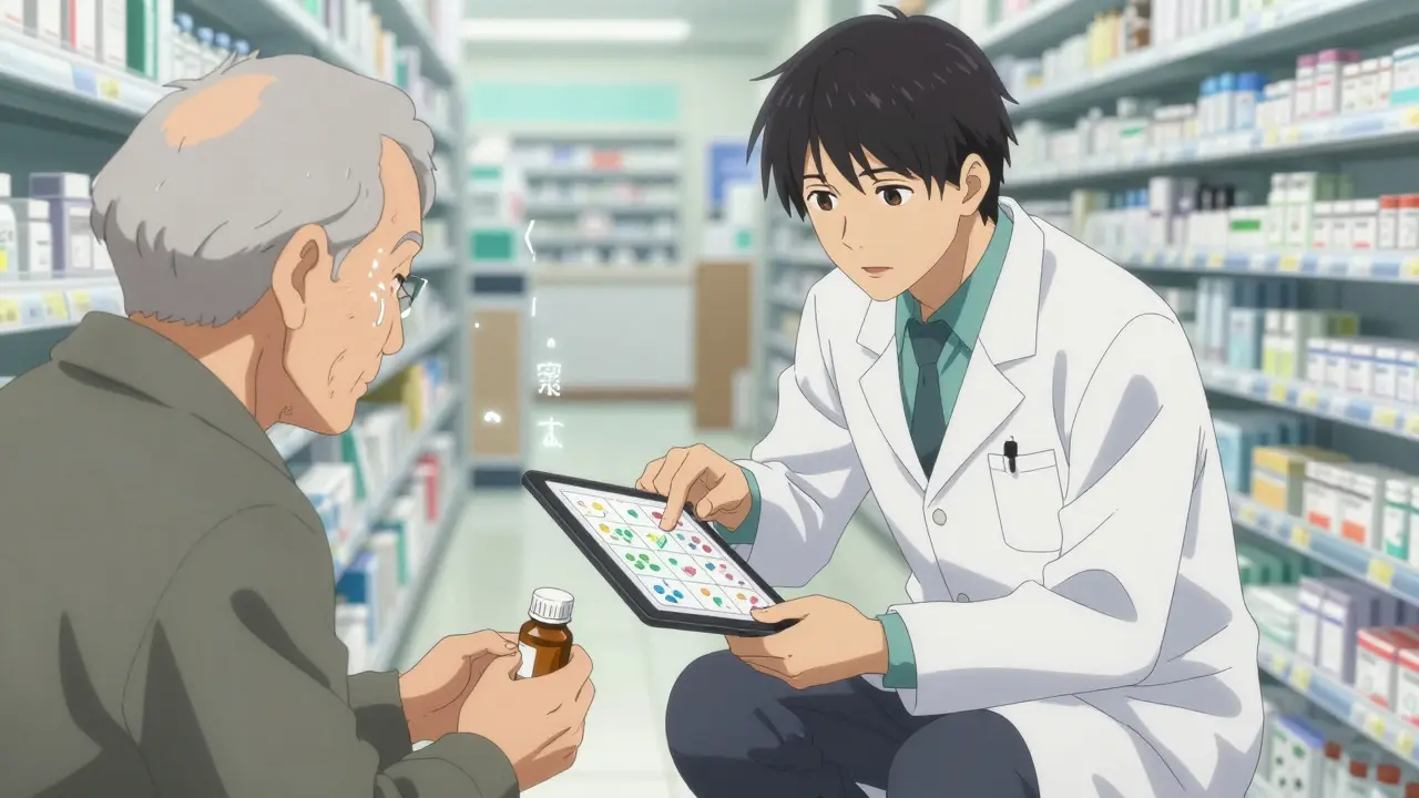 Pharmacist and elderly patient examine a pill comparison chart in a pharmacy, emotional connection evident.