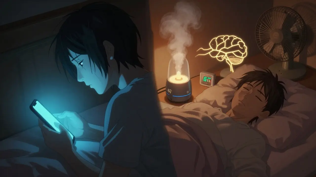 Split scene: one side shows someone stressed from blue light, the other shows peaceful sleep with ambient noise and humidifier mist.