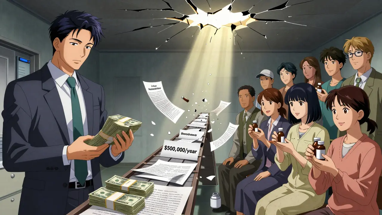 Split scene: pharmaceutical executive counting cash while patients hold medication under a crumbling paperwork bridge.