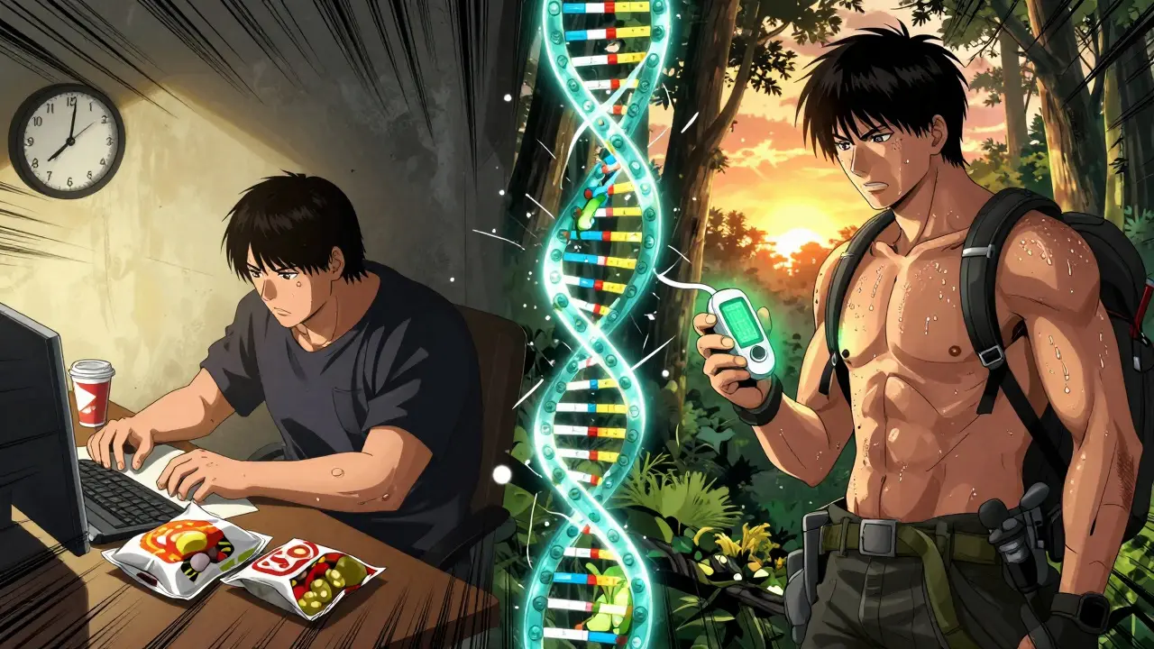 Split scene showing a sedentary lifestyle on one side and active health on the other, with DNA strands transforming between them.