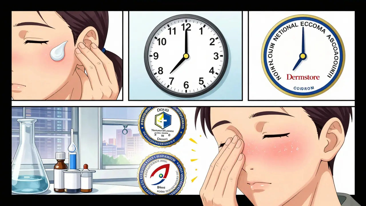 Three-panel visual of a 72-hour patch test showing redness fading to healthy skin behind the ear.