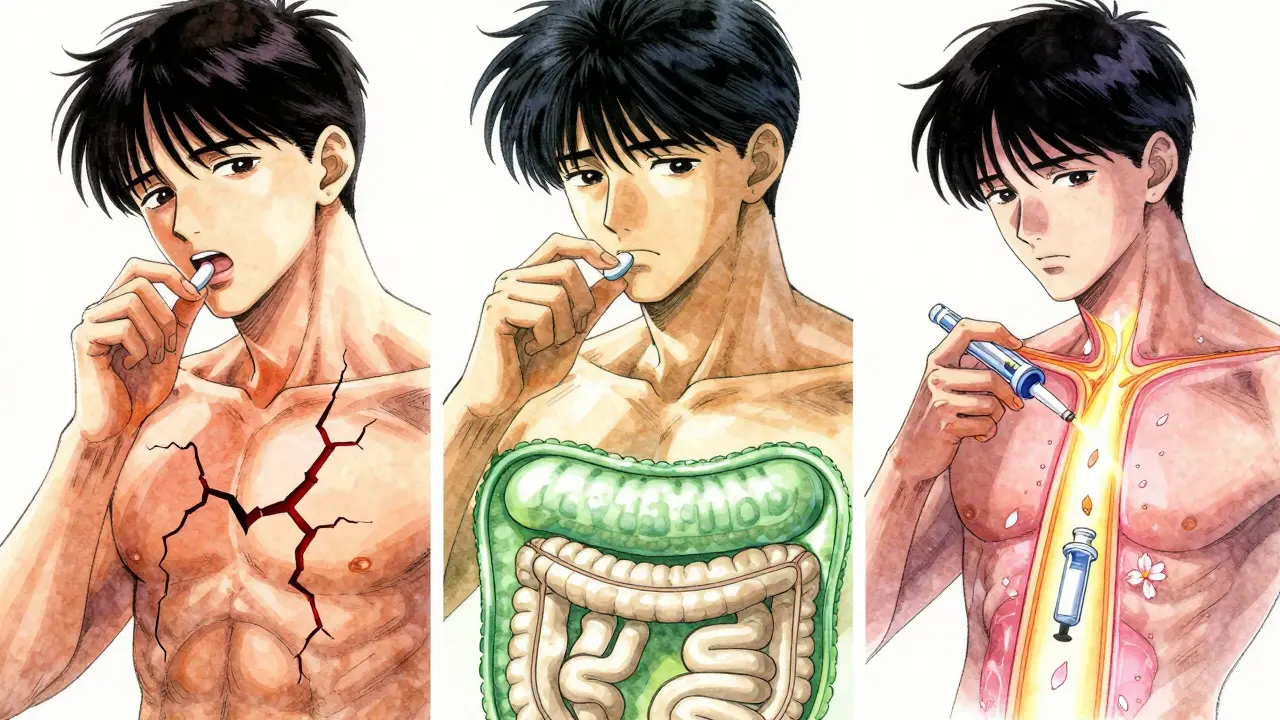 Three people comparing cholesterol treatments: statin with muscle pain, ezetimibe blocking gut absorption, and inclisiran injection with glowing gene pulse.