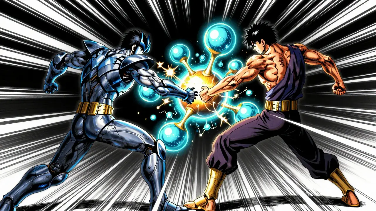 Two figures struggle over glowing molecule structure.