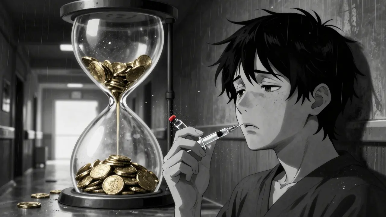 Weary patient holding insulin syringe with falling gold coin dust background.