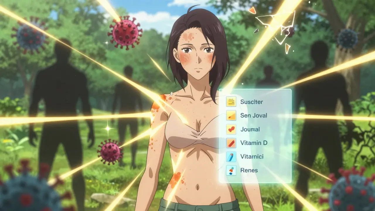 Woman with lupus rash under harsh sunlight, with triggers like viruses and gluten exploding around her.