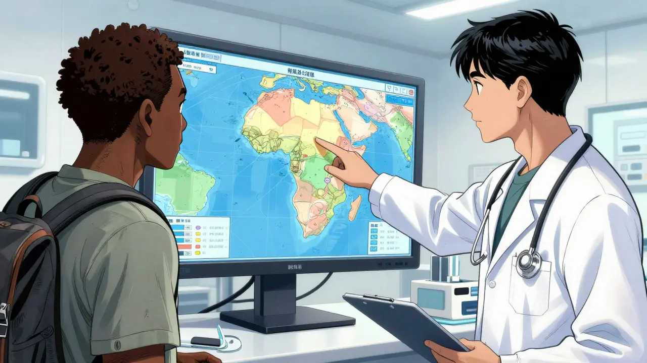 A clinician showing a disease risk map to a traveler in a medical clinic.