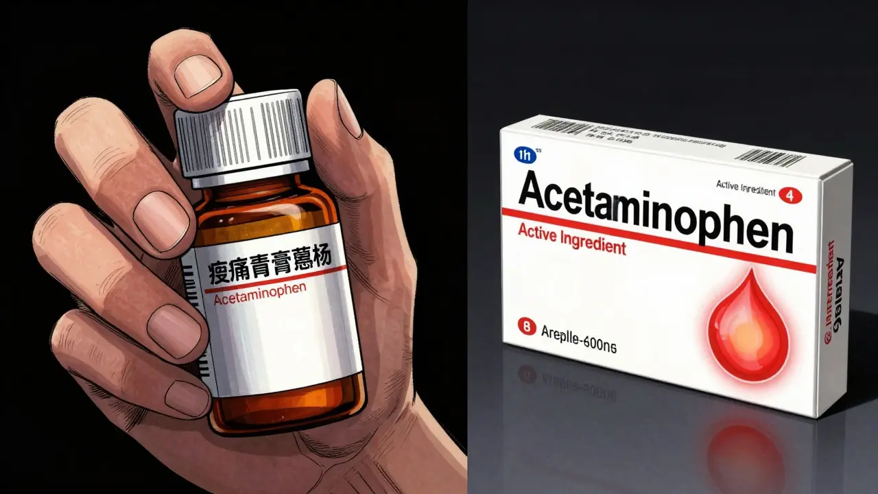 A comparison of two different medicine packages highlighting a shared active ingredient.