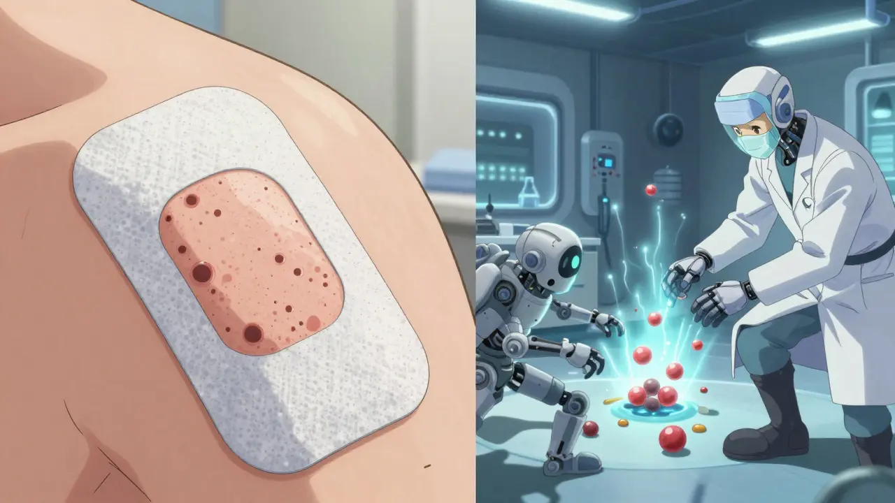 A medical patch being applied to skin and microscopic enzymes cleaning tyramine.