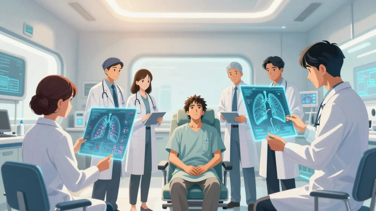 A patient with a team of medical specialists analyzing holographic lung scans.