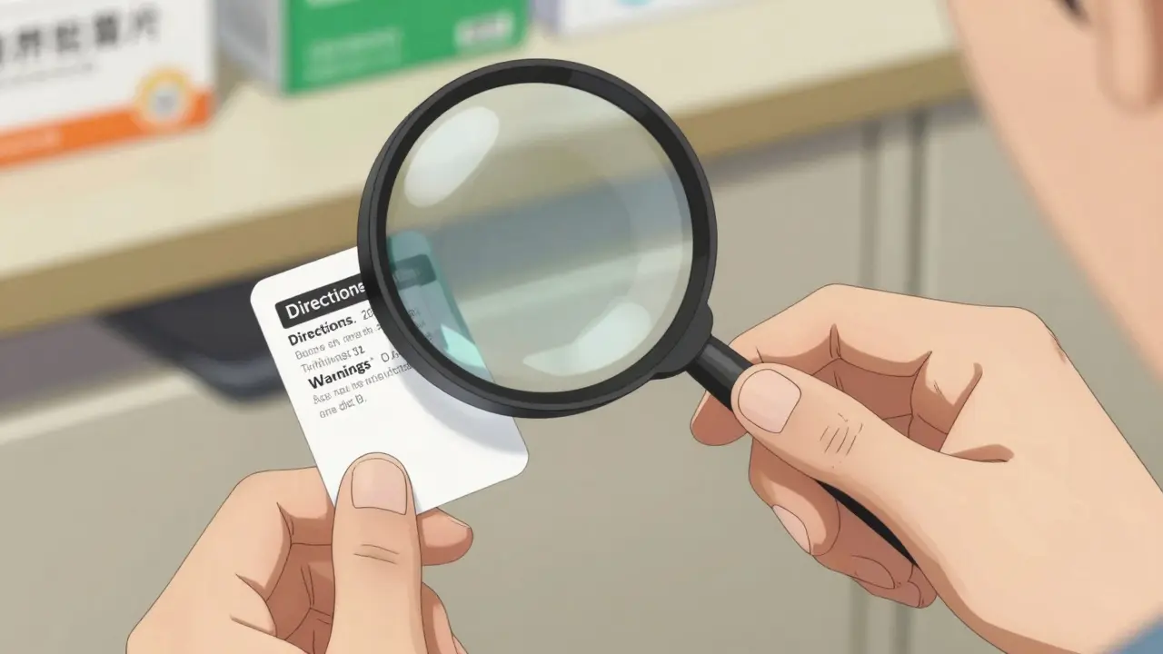 A person using a magnifying glass to read the small print on a drug facts label.