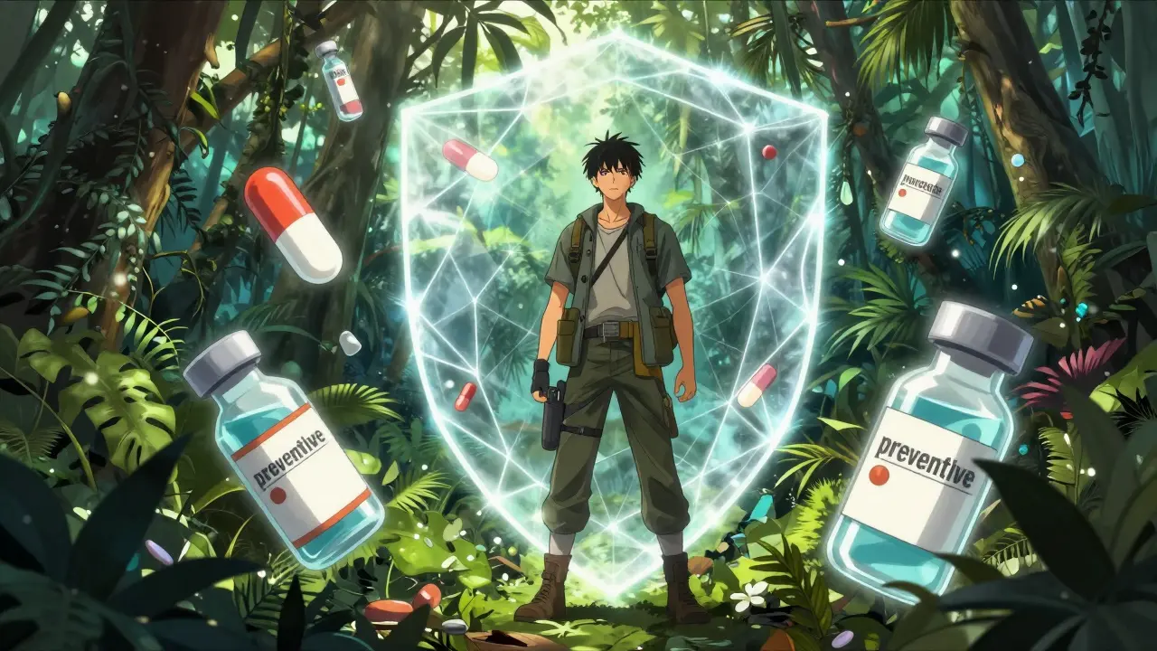 A traveler in a jungle protected by a conceptual shimmering medical shield.