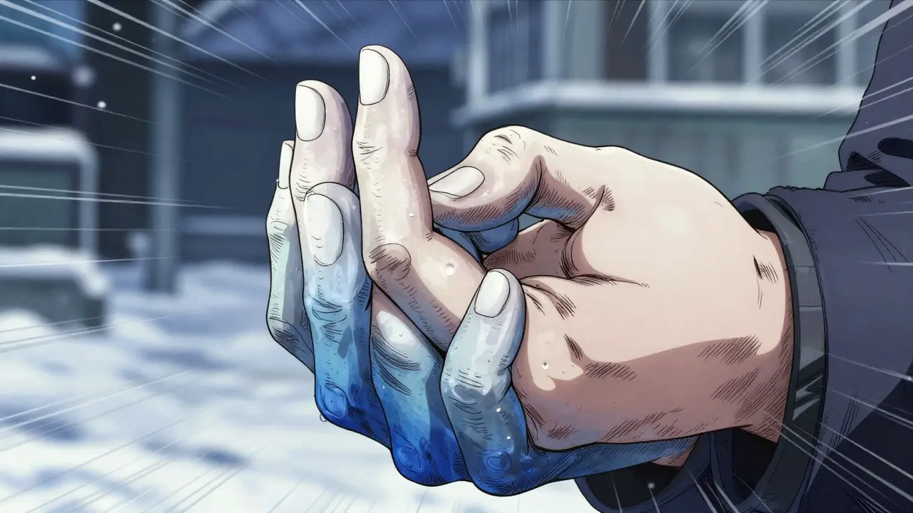 Close-up of fingers showing the color changes associated with Raynaud's phenomenon.