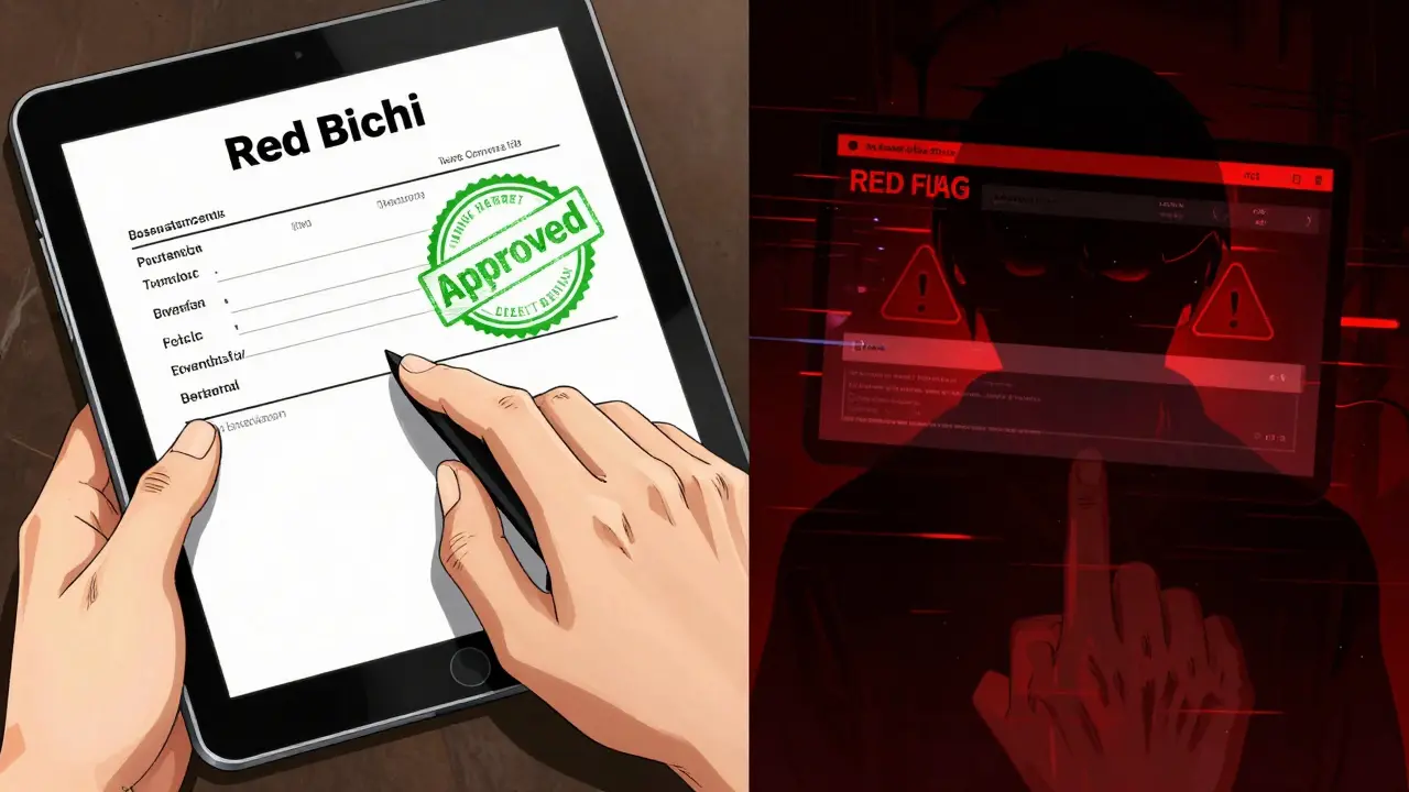 Comparison between a verified digital prescription and a fraudulent website in manga style