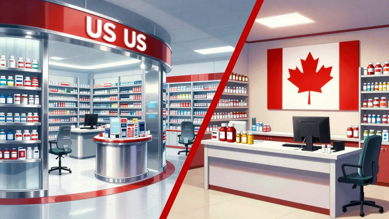 Comparison of US and Canadian pharmaceutical settings in detailed Boichi manga style