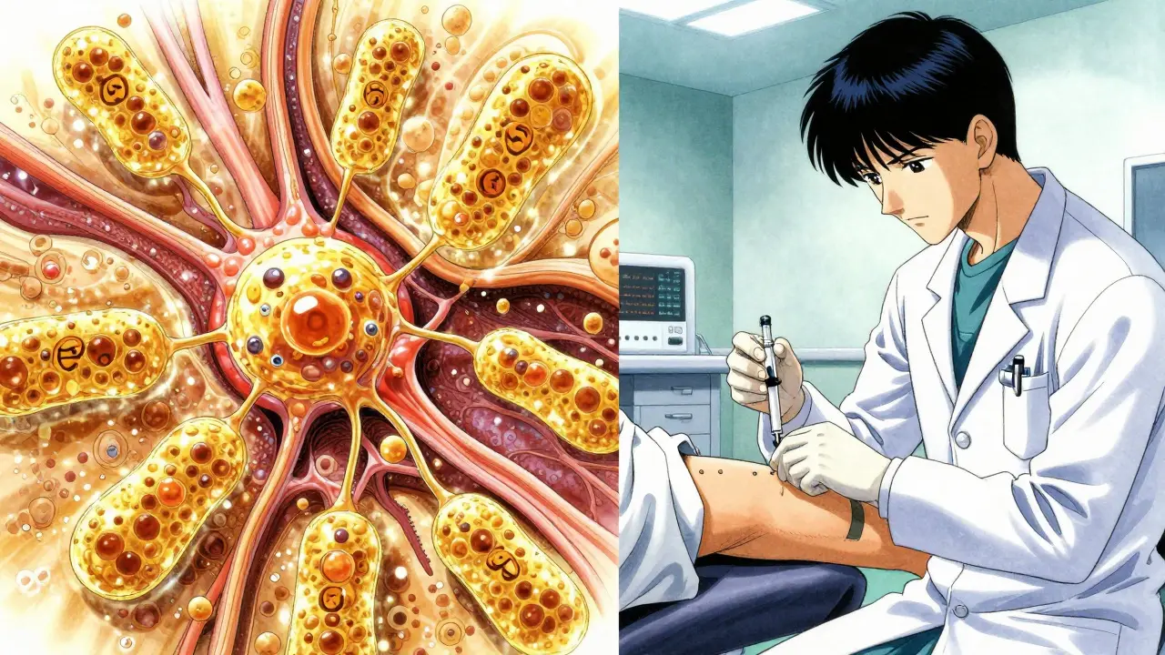 Conceptual illustration of antibodies blocking an allergic reaction and a clinical injection.