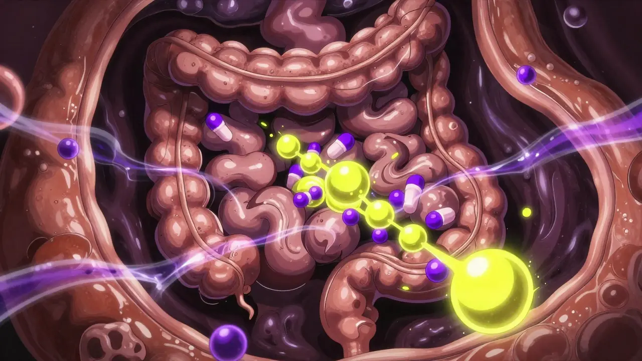 Conceptual manga illustration of magnesium ions binding to medication in the gut.