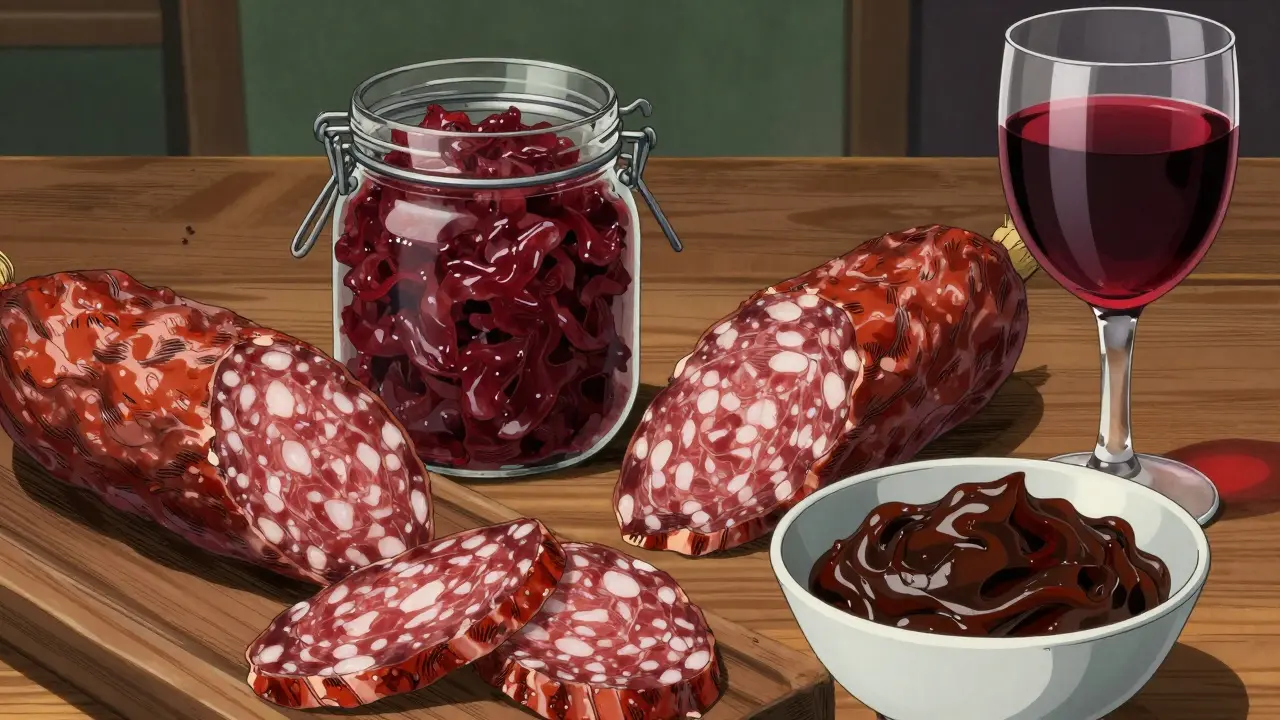 Detailed array of high-tyramine foods including salami, sauerkraut, and red wine.