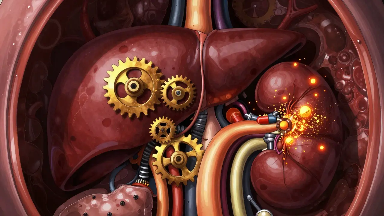 Detailed biological view of a liver with medicine particles accumulating around small enzymes.