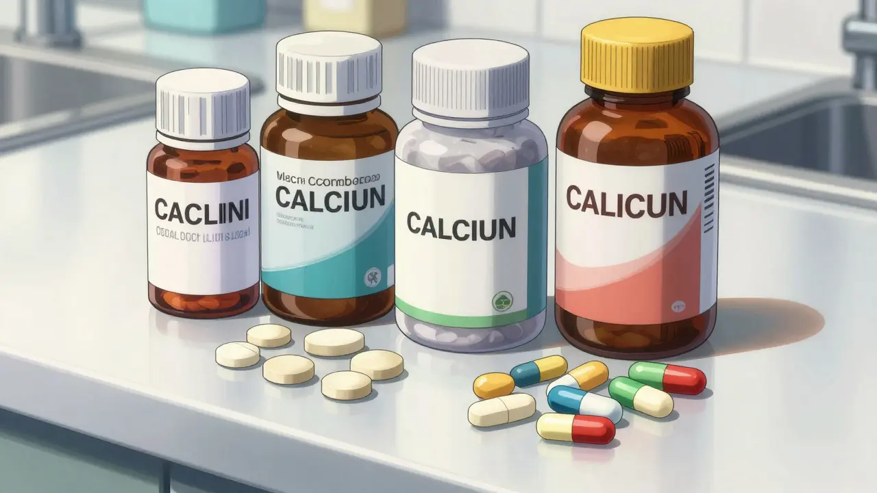 Detailed view of pregnancy-safe antacids and medication bottles on a counter.