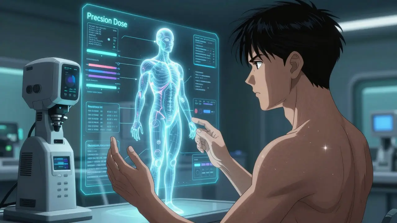 Futuristic AI medical interface calculating a precision dose for a holographic human figure.