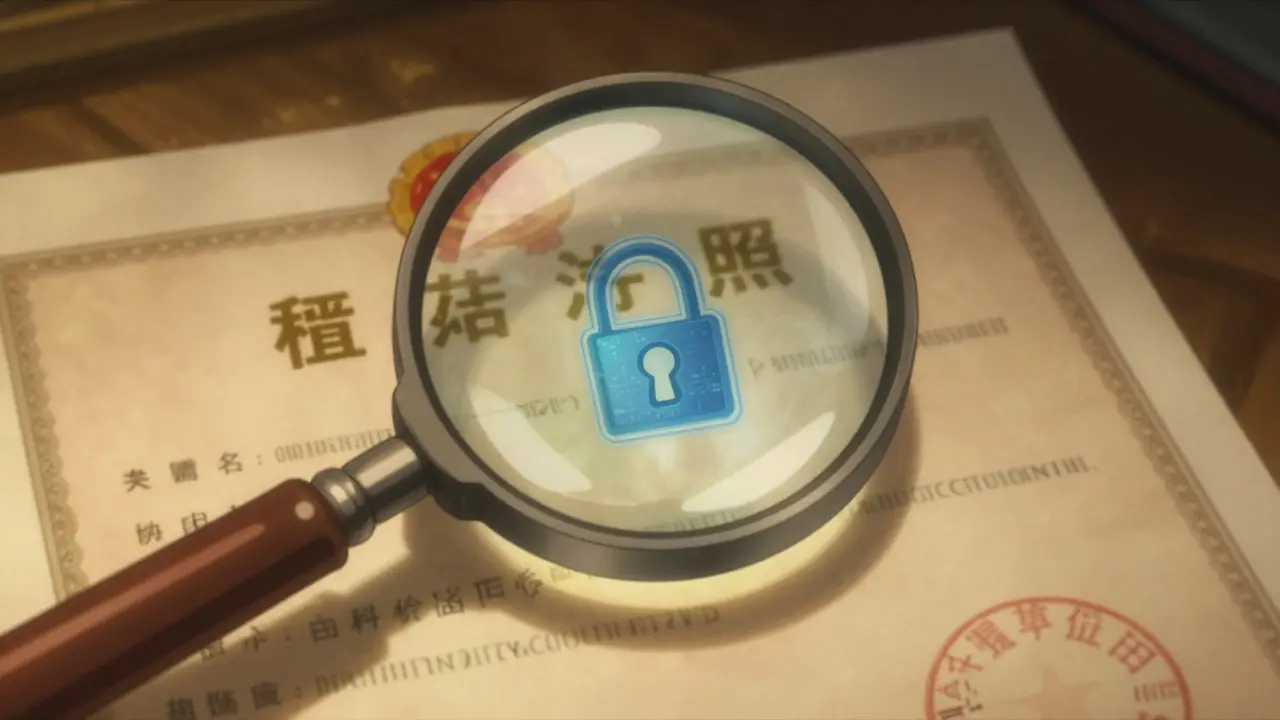 Magnifying glass inspecting a pharmacy license for safety verification in Boichi style