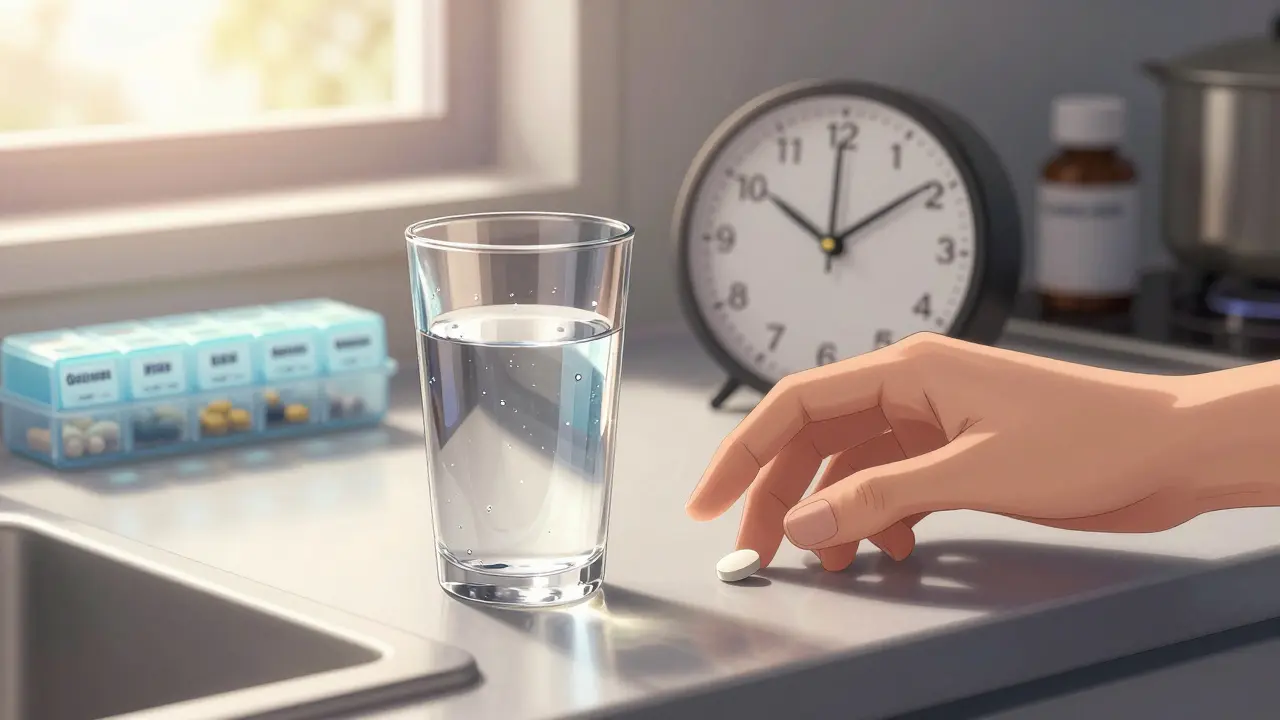Manga scene of a morning medication routine with a clock and glass of water.